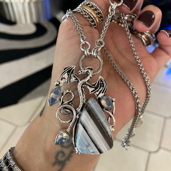 925 sterling silver overlay stripped agate iridescent opalite dragon necklace - Picture 5 of 12